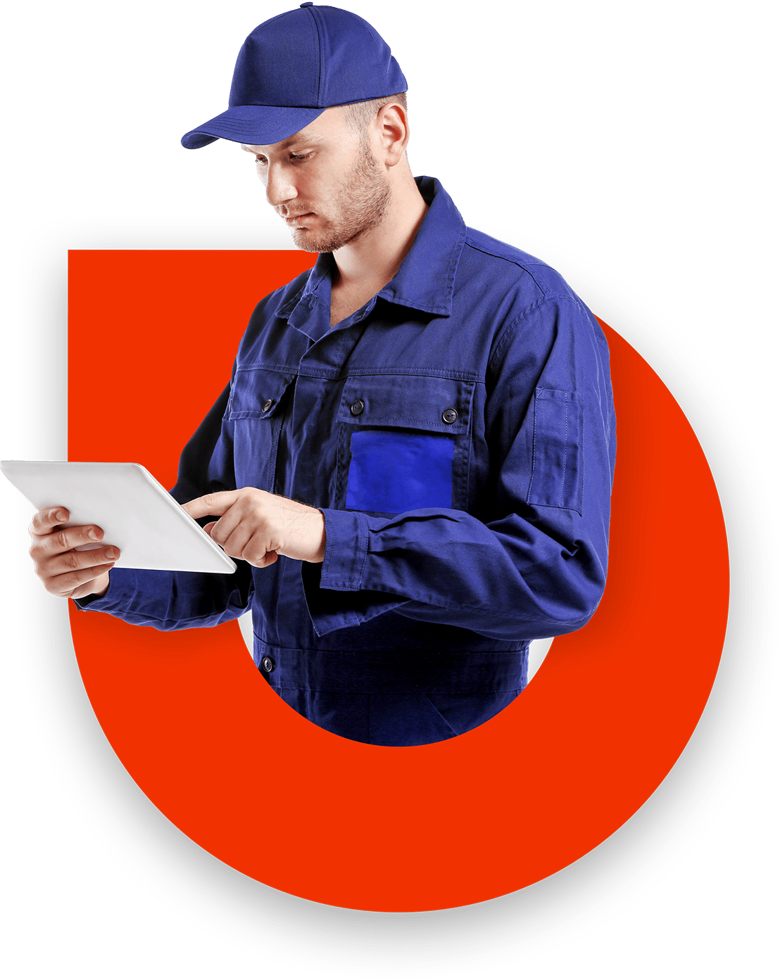 Technician holding a tablet in front of an orange shape